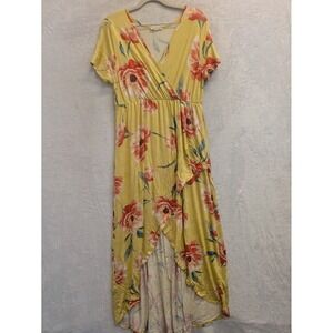 VIAMOR Yellow Floral Print High Low Wrap Maxi Dress Women's Large